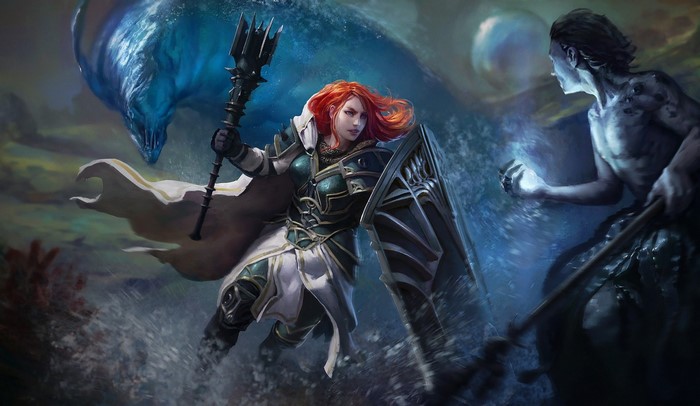 Fantasy warrior with shield and mace fighting water creature
