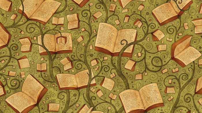 Pattern of open books on green vines