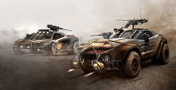 Two heavily modified cars with mounted weapons