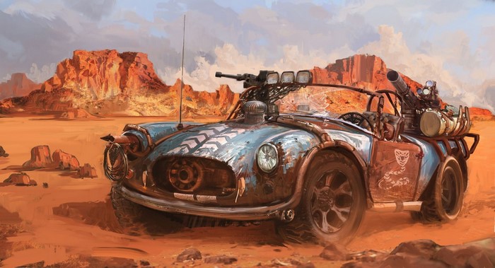 Post-apocalyptic car with mounted weapons in desert landscape