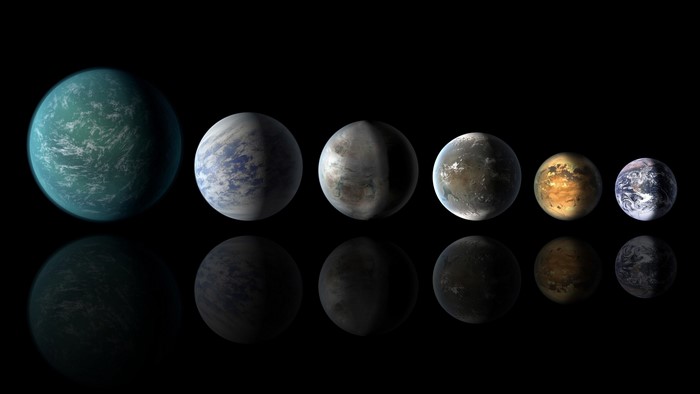 Artistic rendering of exoplanets and Earth