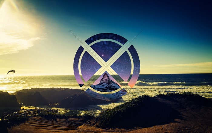 Geometric overlay on a beach sunset with a bird