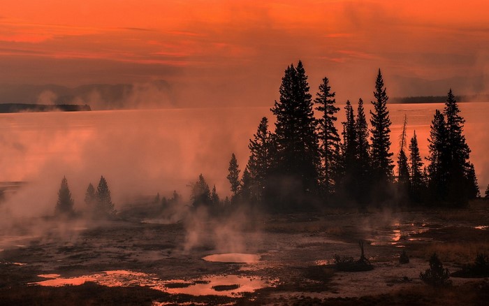 Misty Yellowstone National Park Landscape at Sunset