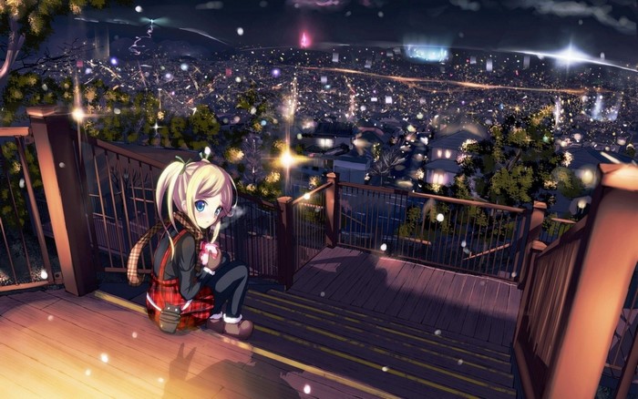Anime girl sitting on steps overlooking a city at night