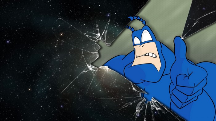 The Tick breaking through cracked glass in space