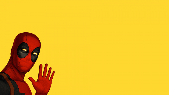 Deadpool waving hello on a yellow background