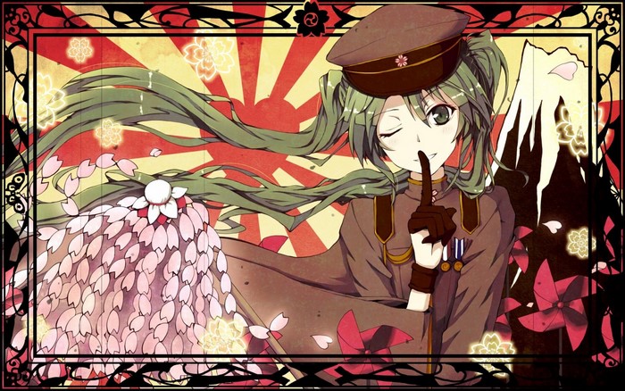 Hatsune Miku from Vocaloid in military uniform with cherry blossoms