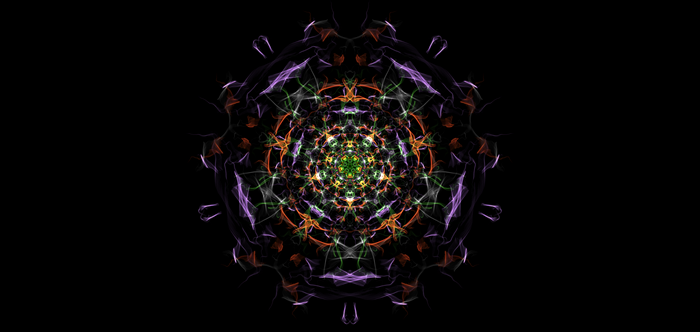 Abstract fractal mandala with purple, orange, and green silk patterns