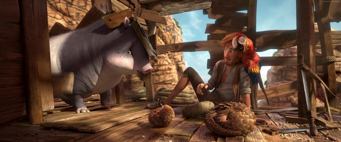 Robinson Crusoe with animals in a wooden structure