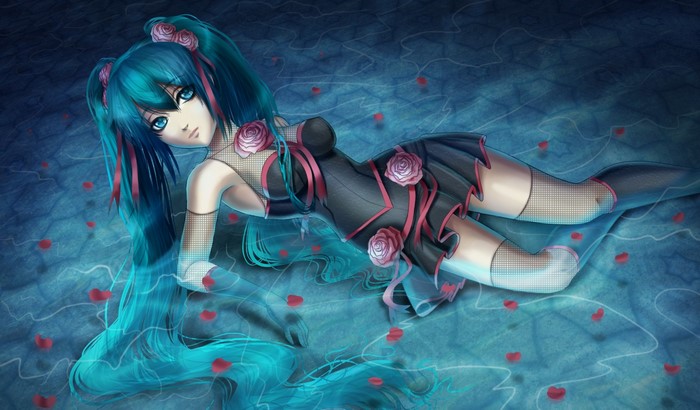 Hatsune Miku illustration with roses and blue background