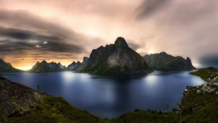 Sunrise over Lofoten Mountains and Fjord in Norway