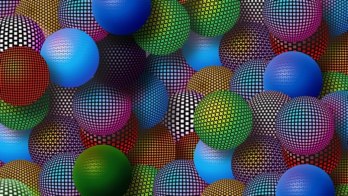 Abstract spheres with geometric patterns in various colors