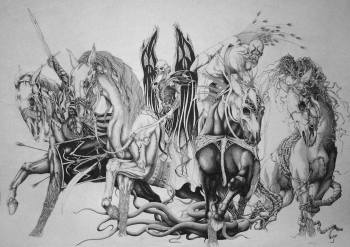 The Four Horsemen of the Apocalypse in a drawing