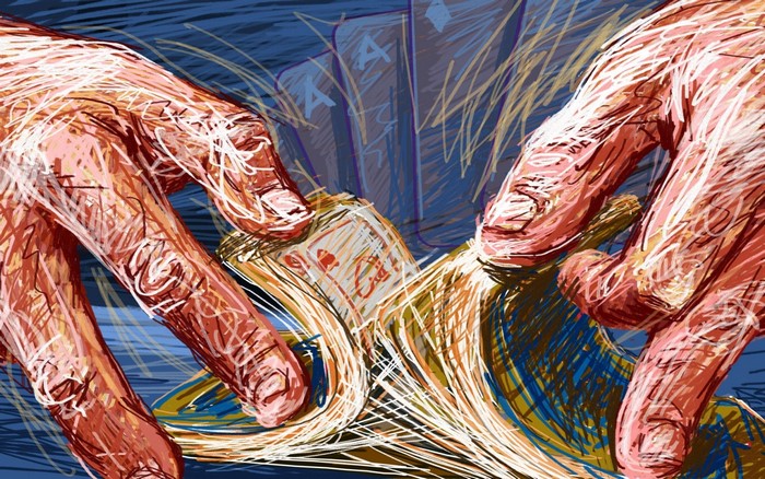 Hands holding cards and money with Aces in background