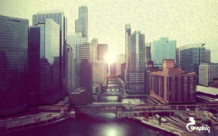 Cityscape with skyscrapers and a river at sunset