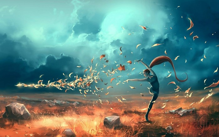 Fantasy art of a woman dancing with leaves