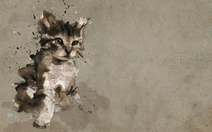 Watercolor painting of a tabby kitten with text elements