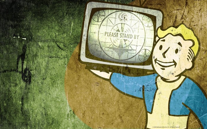 Vault Boy holding a TV with "Please Stand By" screen