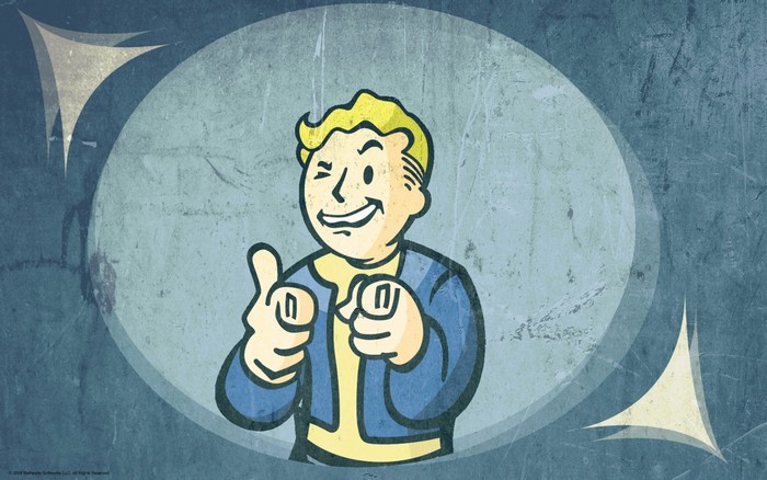 Vault Boy from Fallout giving a thumbs up and pointing