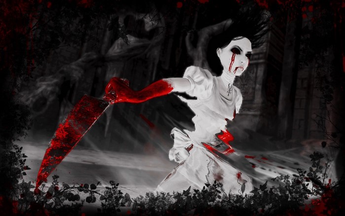 Alice from Alice: Madness Returns holding a bloody knife