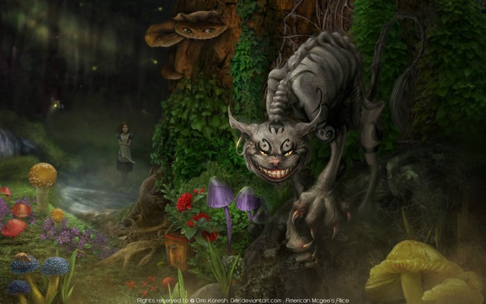 Cheshire Cat and Alice in a dark forest