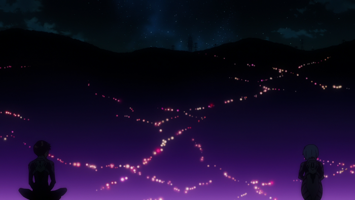 Ayanami Rei and Ikari Shinji from Neon Genesis Evangelion at night