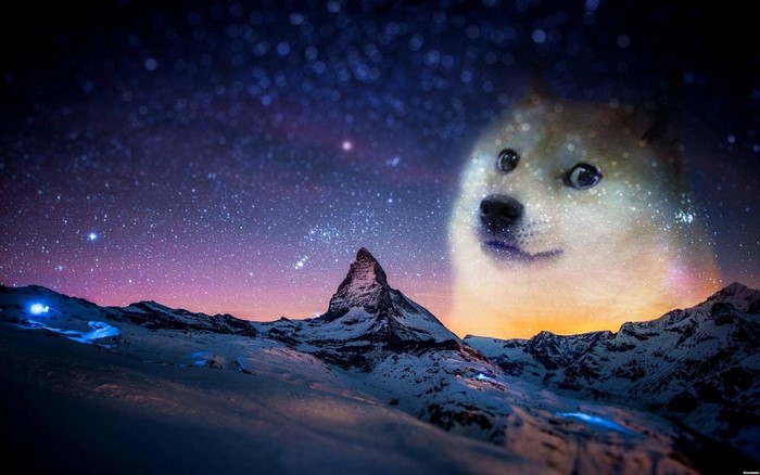 Doge Face in Starry Night Sky Over Snowy Mountains