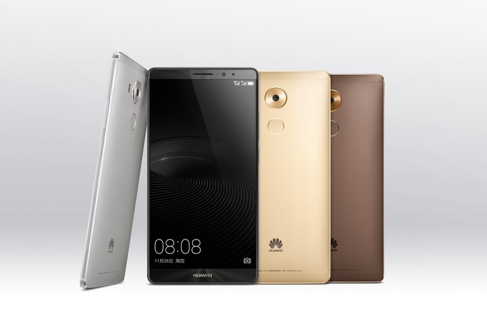 Huawei Mate 8 smartphones in silver, gold, and brown