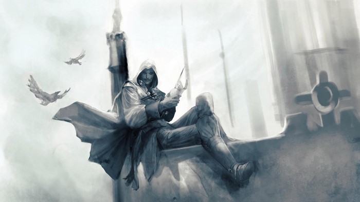 Assassin from Assassin's Creed sitting on a ledge