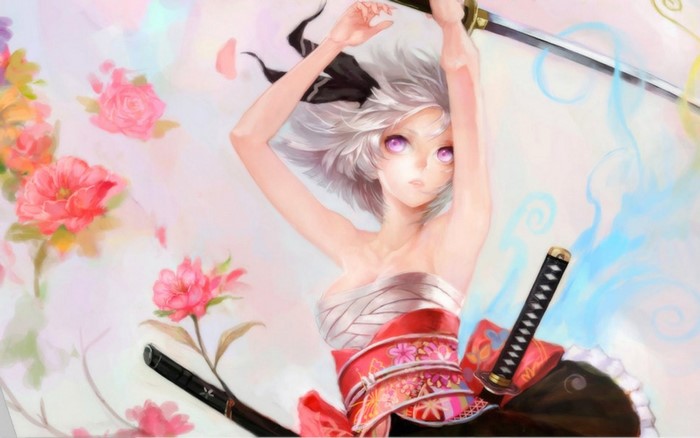 Konpaku Youmu from Touhou with swords and flowers