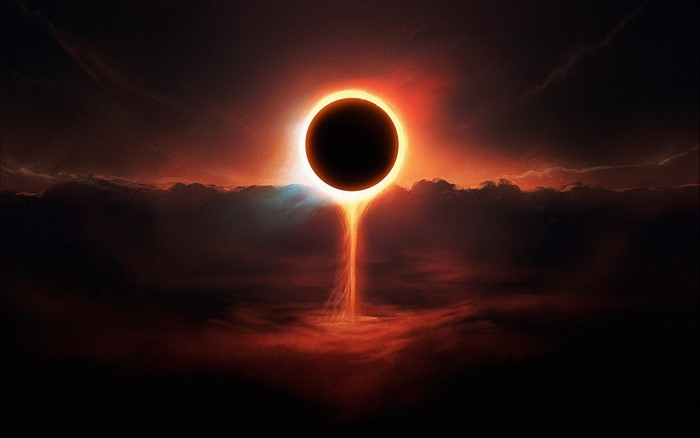 Solar eclipse with fiery corona over clouds