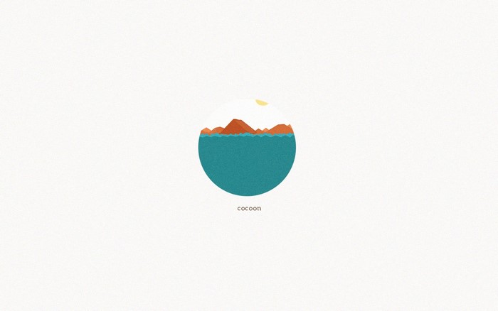 Minimalist illustration of mountains and sea in a circle with text