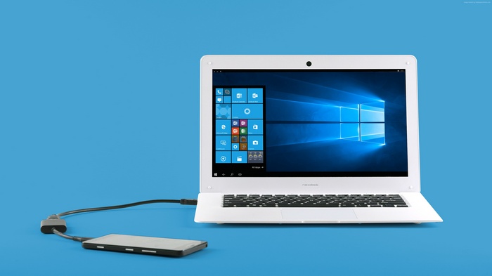 NexDock laptop connected to a smartphone running Windows 10