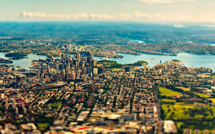 Aerial view of Sydney cityscape with harbor and buildings