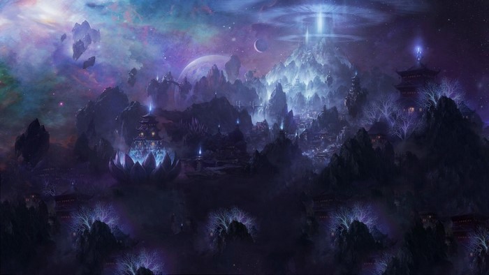 Fantasy landscape with floating islands and pagodas