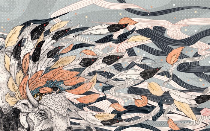 Buffalo with feathers and abstract patterns