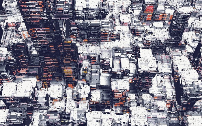 Abstract digital cityscape with white and orange buildings