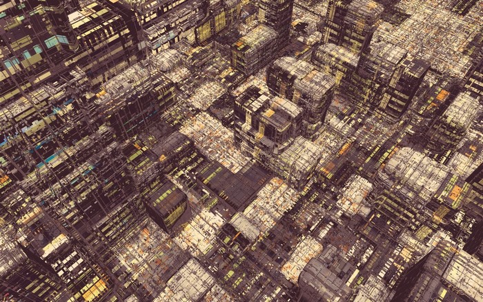 Aerial view of a dense, futuristic, and complex cityscape