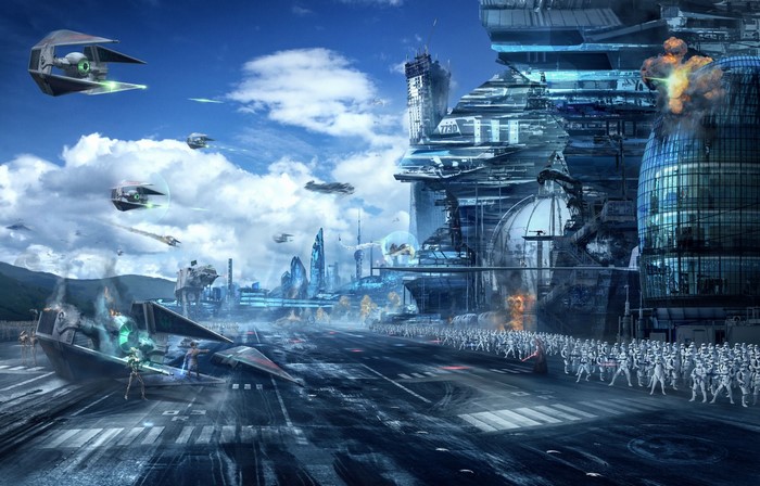 Star Wars cityscape with TIE fighters and stormtroopers