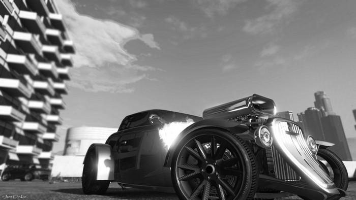 Hot rod car in black and white with city background