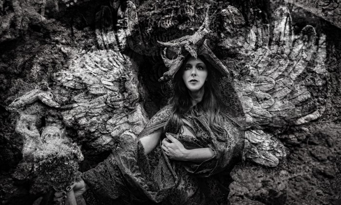 Monochrome portrait of a woman in fantasy attire