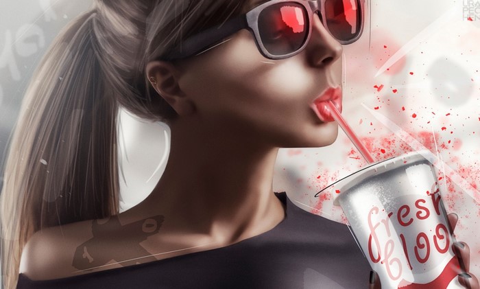 Woman drinking from a cup labeled "fresh blood"