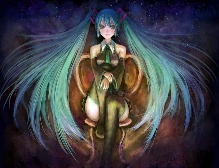 Hatsune Miku sitting on a throne
