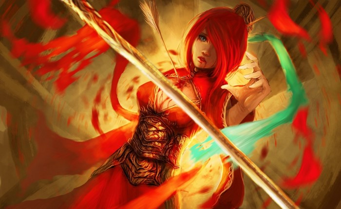 Fantasy art of a woman with red hair and an arrow wound