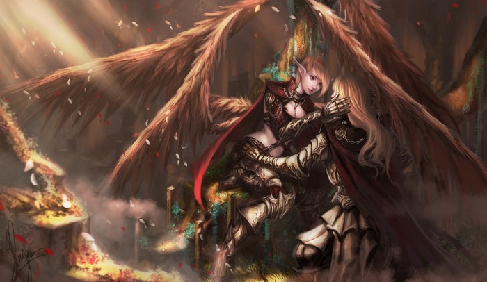 Fantasy art of two elves with wings in armor