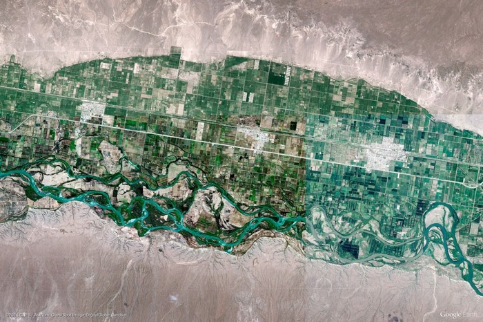 Aerial view of a river delta with agricultural fields