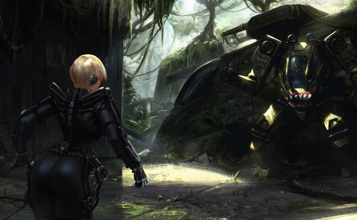 Cyberpunk artwork of a woman facing a mech