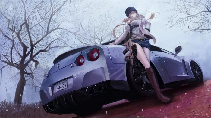 Anime girl with rifle leaning on Nissan GT-R