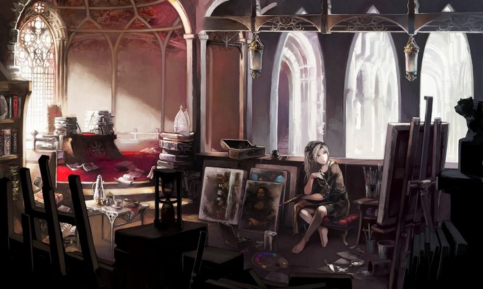 Anime girl painting in a gothic art studio