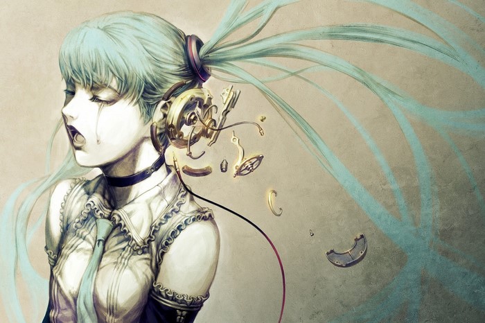 Hatsune Miku with mechanical headphones crying